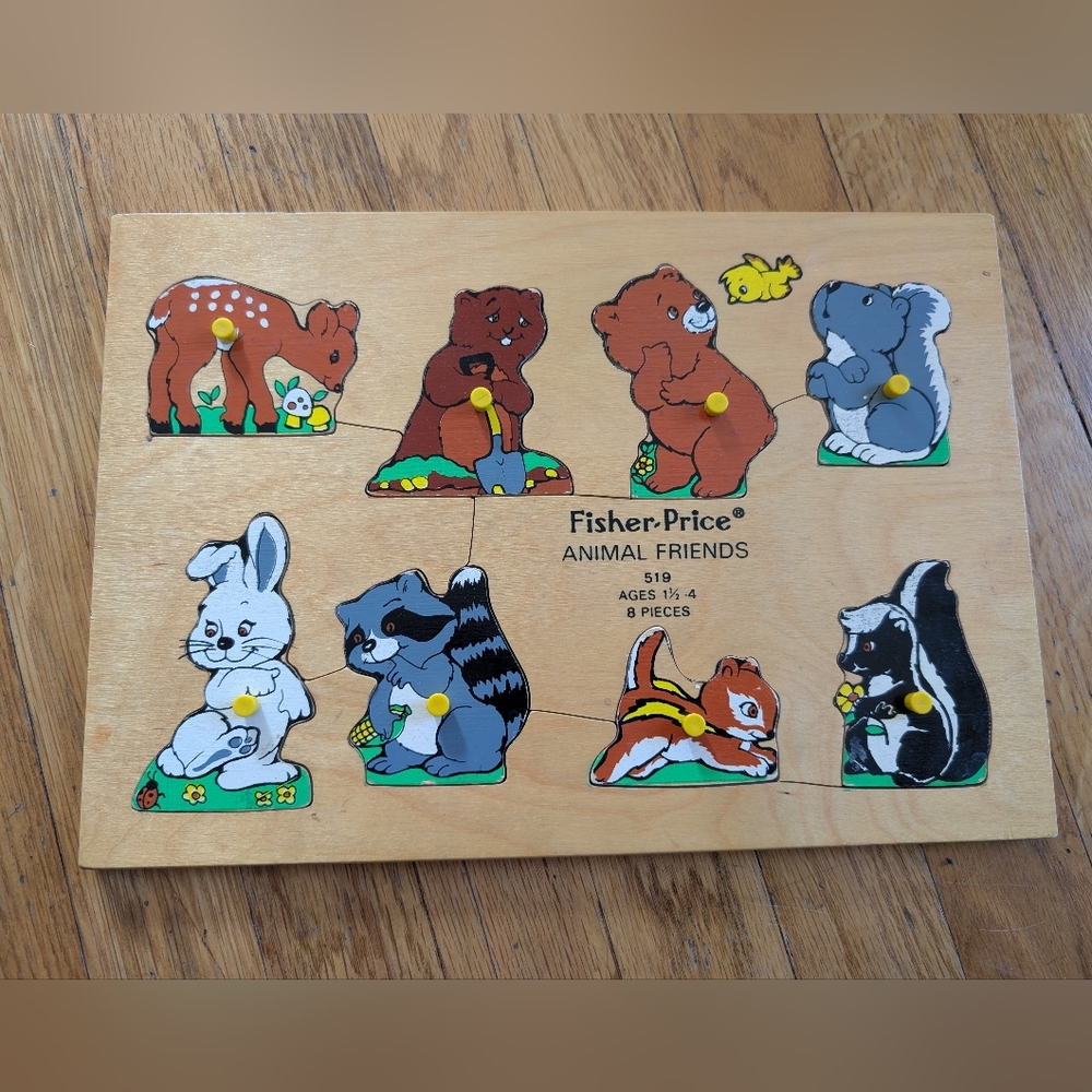 Vintage Fisher-Price Animal Friends Wooden Peg Puzzle - 1971